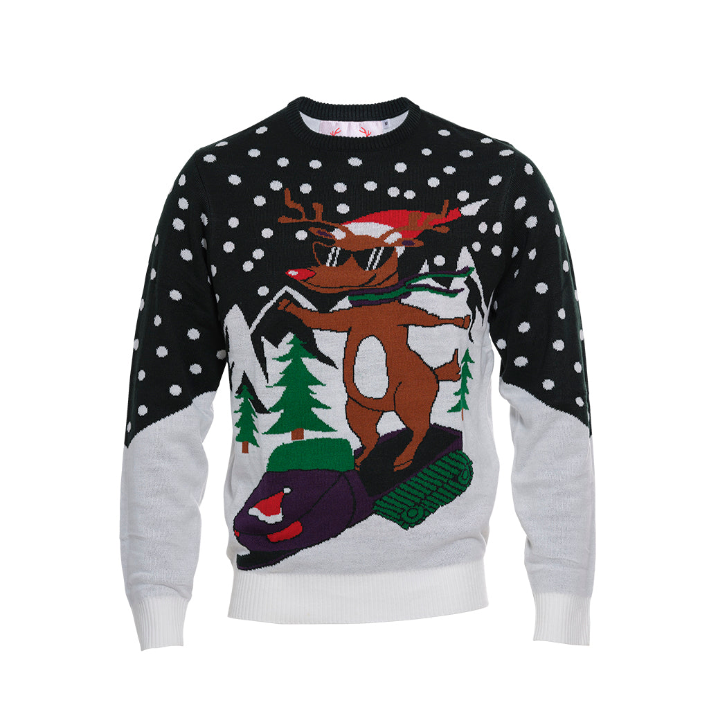 En julesweater med Rudolf på en snescooter.